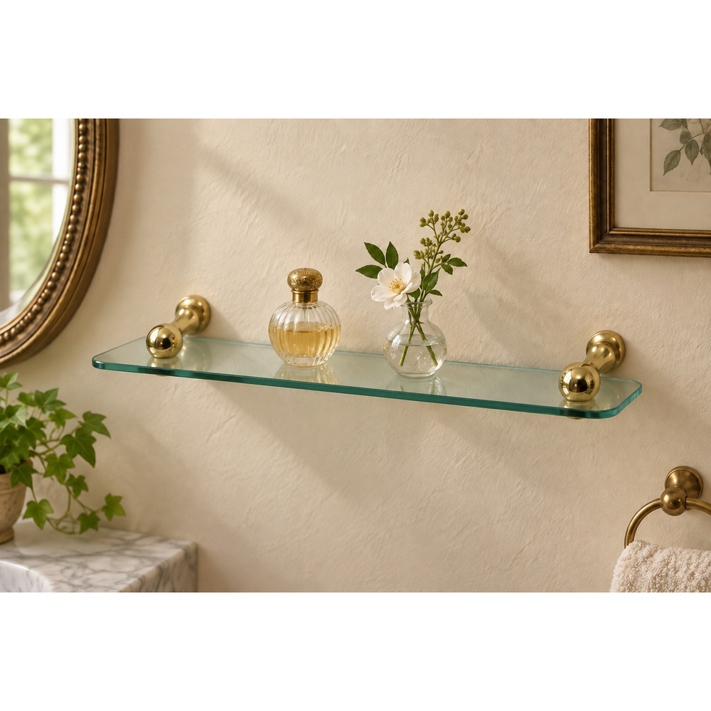 Vintage 18" Glass Bathroom Wall Shelf Polished Brass Mounts Vanity 4.75" Deep